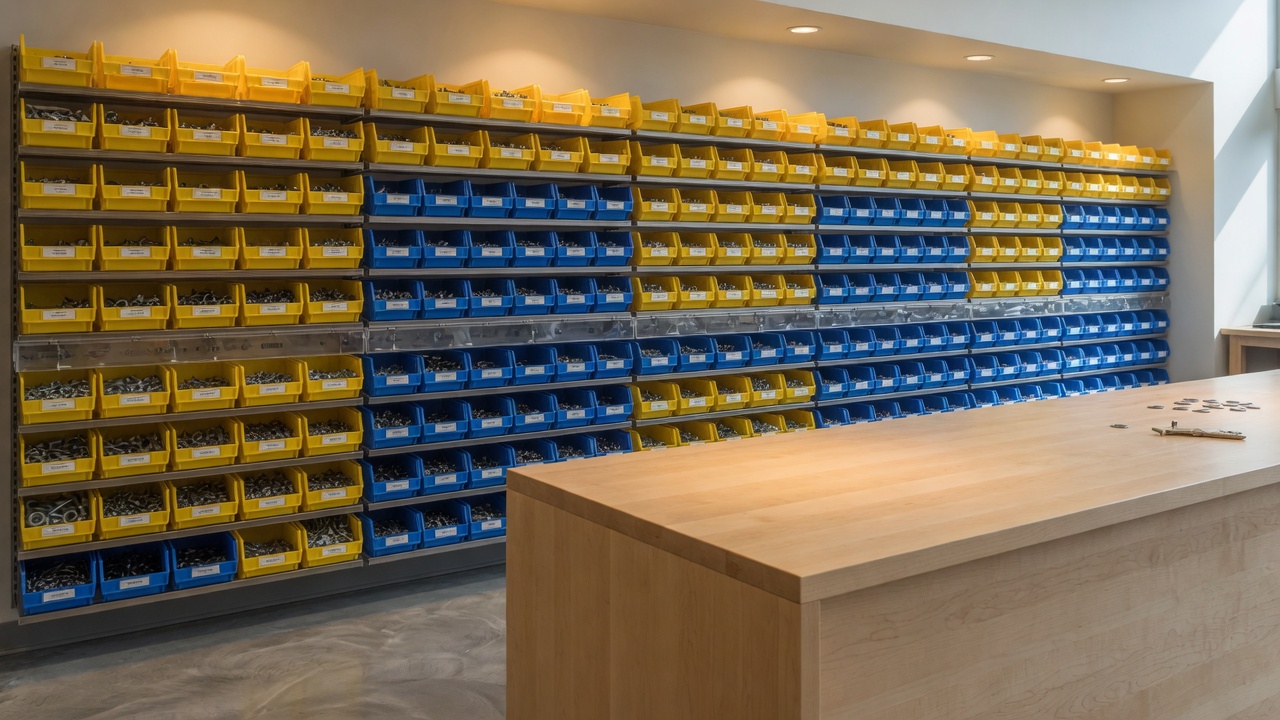 A shop wall of stocked fastener bins